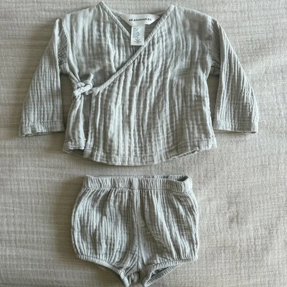 2-Piece Cotton Muslin Gray Baby Kimono Top + Bloomers 6M - Picture 3 of 5